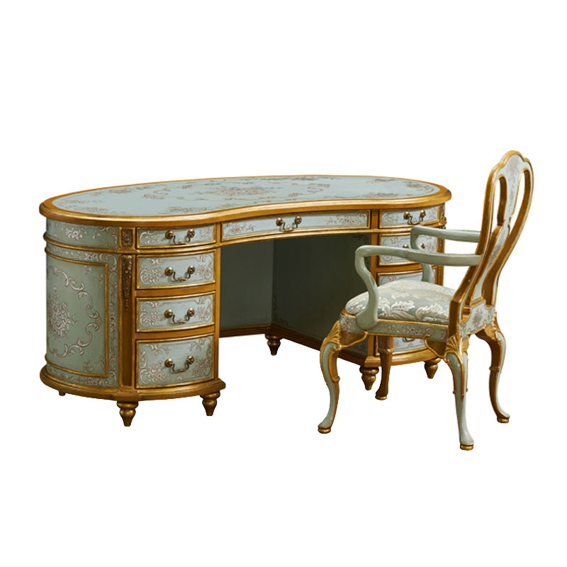 茱莉安法式中国风复古豪华实木配铜贴金箔手绘浅绿色书桌椅书台