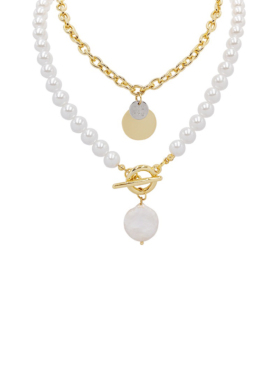 东大门韩国双层叠戴圆牌珍珠项链