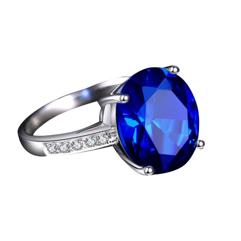 蓝宝石戒指环 925银镀18K白金镶嵌6.5克拉天然彩色宝石蓝刚玉女戒