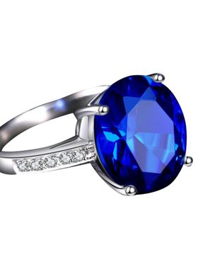 蓝宝石戒指环 925银镀18K白金镶嵌6.5克拉天然彩色宝石蓝刚玉女戒