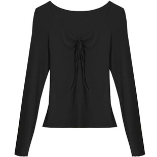 幸福三重奏朗朗吉娜同款上衣v领蝴蝶结修身长袖打底衫棉简约T恤女