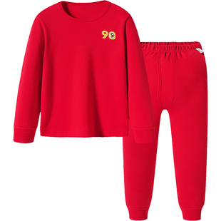 高端 A类迪士尼儿童红色本命年纯棉磨毛保暖内衣套 冬长绒棉睡衣
