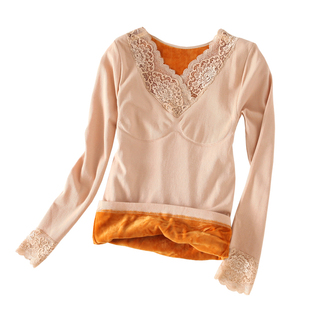 秋冬女士保暖上衣加厚加绒单件美体蕾丝打底衫保暖内衣外穿修身款