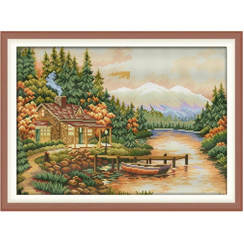 十字绣乡村河边小屋炊烟夕阳美景
