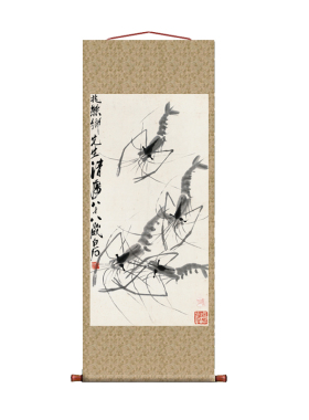 齐白石 虾图墨 卷轴挂画仿古画复制品花鸟画名人字画玄关装饰