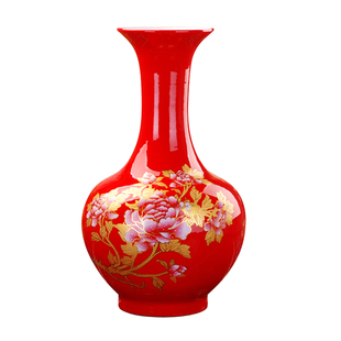 景德镇陶瓷器 中国红全红釉花瓶仿古花瓶工艺品摆设 家居装饰摆件