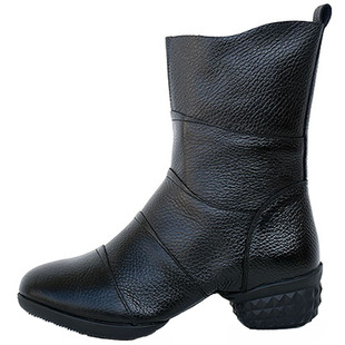 意中飞真皮舞蹈鞋女秋季水兵舞靴跳舞鞋子舞蹈靴软底中跟广场舞鞋