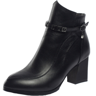 粗跟小码女靴31 32 33 34码女鞋高跟短靴女真皮春秋单靴冬季棉鞋