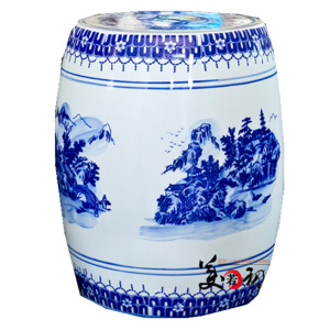 景德镇陶瓷青花山水凳子 坐墩 凉墩 鼓墩花园庭院装饰浴室换鞋凳