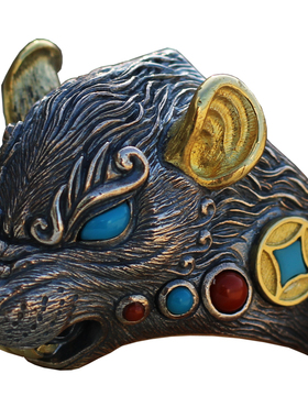 复古生肖鼠你有钱纯银戒指