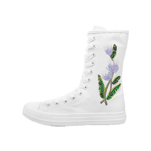 板鞋休闲女鞋单靴平底高帮帆布鞋高邦单鞋中筒鞋子女靴子大码亮片