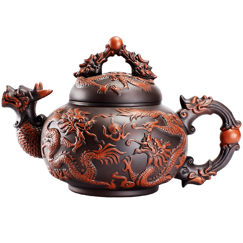 仿古紫砂特大号茶壶大容量壶宜兴收藏观赏壶双龙戏珠手工泡茶壶