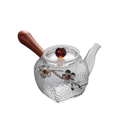 锤目纹贴锡梅花侧把木柄个性茶壶