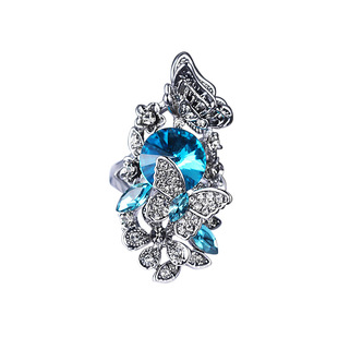 日韩饰品潮人夸张蝴蝶花朵红蓝宝石水晶戒指女食指装饰指环个性