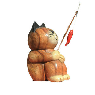 实木创意可爱钓鱼猫客厅电视柜书柜装饰手作小猫咪木雕桌面摆件
