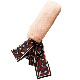 韩国秋冬女士东大门加厚仿獭兔毛保暖毛毛绒围巾豹纹丝带拼接围脖