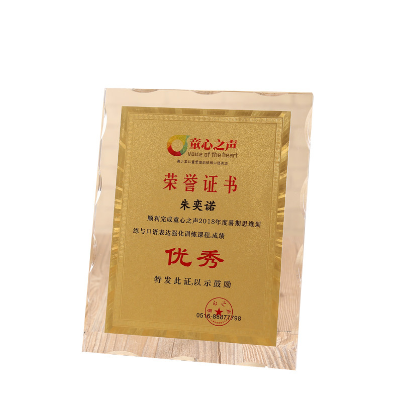 定制透明亚克力奖牌冻水晶订做金箔相纸牌匾授权牌荣誉牌制作证书
