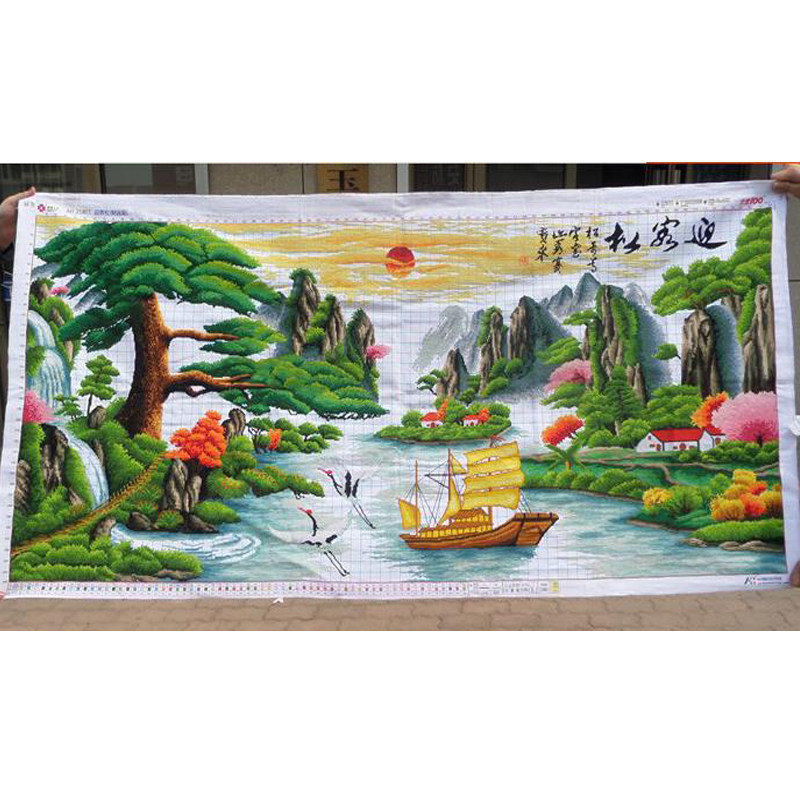 迎客松十字绣成品纯手工山水挂画