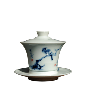 景德镇纯手绘青花鸟语花香盖碗  正品全手工陶瓷瓷器品茗茶具茶碗