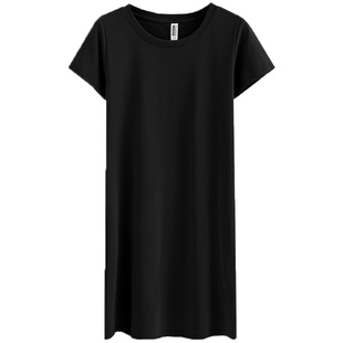 夏季圆领中长款短袖体恤裙纯白纯色女装修身赫本小黑裙T恤连衣裙