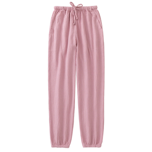 日系水洗纱布睡裤男女春秋季纯棉双层绉布情侣收口防蚊裤家居长裤