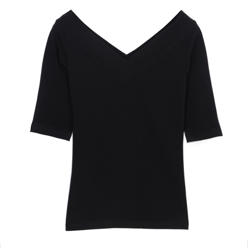 V领t恤女中袖2025春夏新款前后双V露背上衣漏锁骨性感心机打底衫