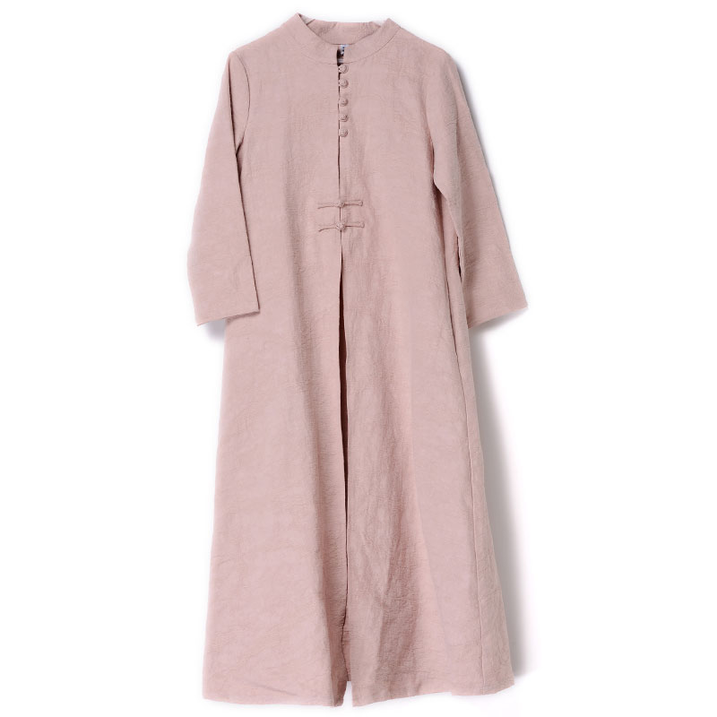 国风茶服排扣2023新款棉麻连衣裙立领旗袍长裙开衫外套女秋款女装