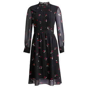 海兰丝春夏装2019款女黑色雪纺A字连衣裙韩版显瘦长袖碎花裙子