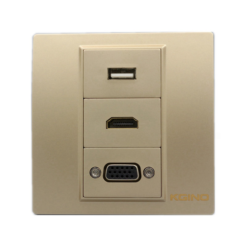 香槟金86型VGA高清HDMI数据USB插座 金色4K多媒体电视USB直插面板