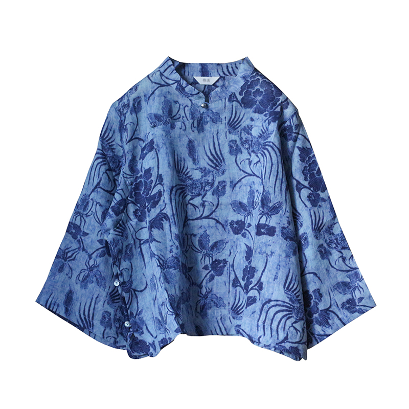 【画蓝】苎麻蜡染印花 盘扣复古上衣衬衫中式宽袖斜襟立领禅茶服