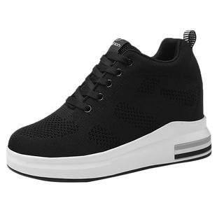 网面透气内增高女鞋8cm春秋季百搭女士单鞋黑色厚底坡跟鞋运动鞋