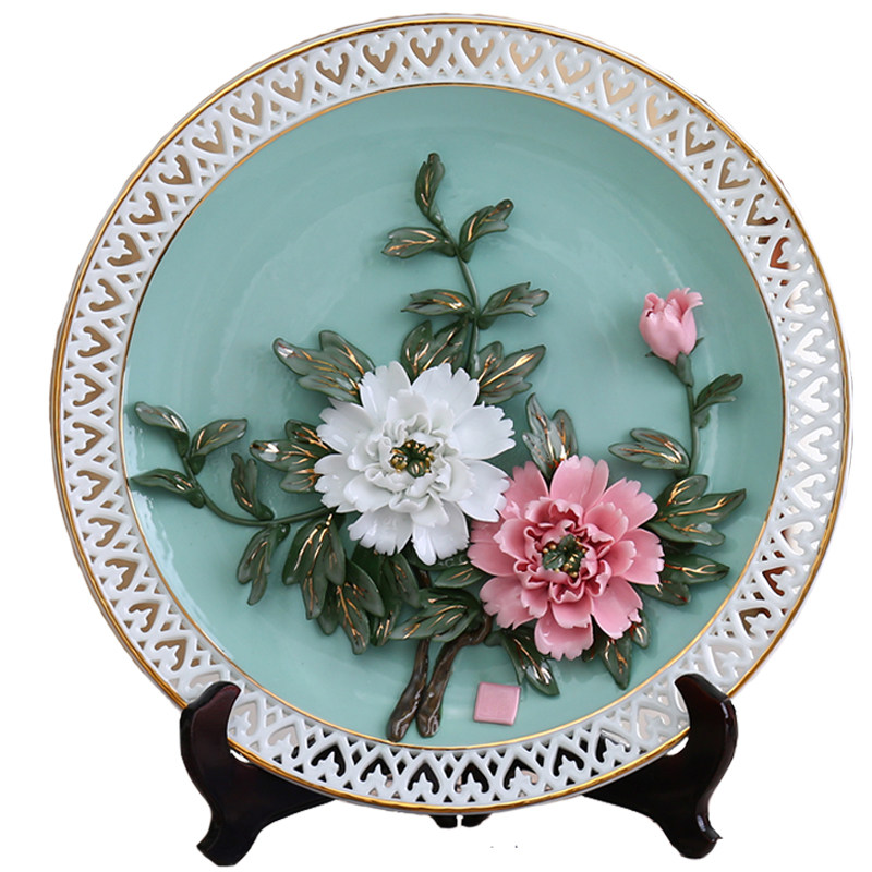 中式国风陶瓷牡丹挂盘摆件创意艺术大号摆盘客厅家居工艺装饰礼品