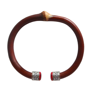 西藏鸡血藤手镯藤镯木手镯男款女款情侣对镯纯银镯子无节简约开口