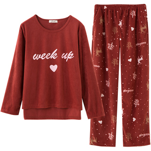 顶呱呱睡衣女士秋冬保暖家居服套装可爱印花韩版套头摇粒绒两件套