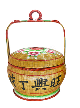 财丁兴旺 牡丹花竹篮 潮汕花篮 纯手工竹编篮子 潮州手绘篮子喜篮