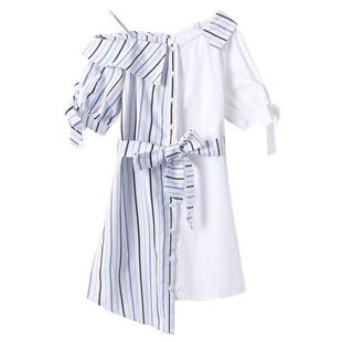 露肩条纹衬衫裙女高端气质夏吊带裙子遮肉显瘦不规则一字肩连衣裙