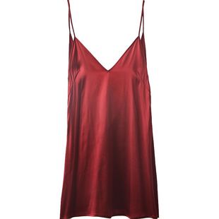 碧缇卡桑蚕丝秋冬性感吊带睡裙女 简约深V露背红色丝绸睡衣家居服