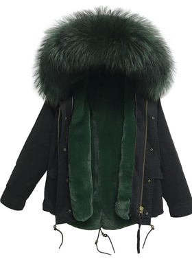 潮牌新品墨绿色貉子毛显瘦棉服