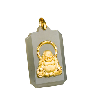 秦玉人家 足金新疆和田金镶玉观音笑佛爷吊坠 黄金项链正品带证书