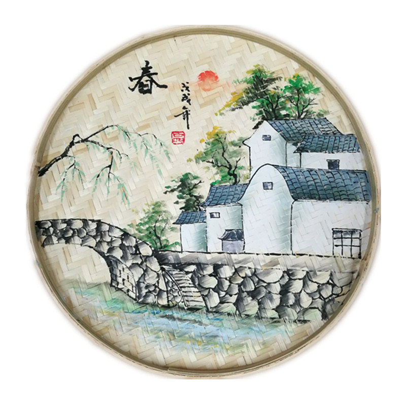 手绘簸箕画餐馆会所装饰画竹编筛