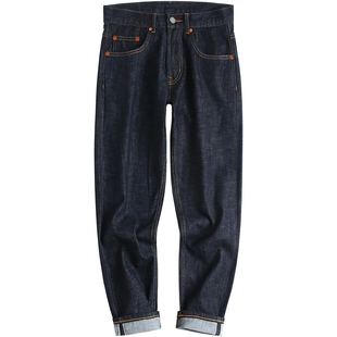 冬款锥形九分牛仔裤男款休闲直筒宽松小脚赤耳丹宁深色蓝色裤子