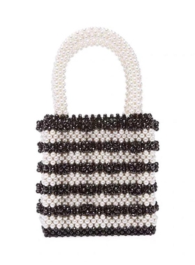 小众设计复古条纹黑白珍珠编织手提包水晶串珠包菜篮子包女可定制