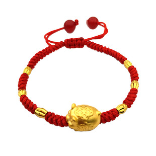 本命年生肖猪年仿黄金转运珠手编红绳手链女3D硬金沙金小猪手链男