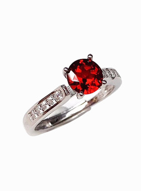 纯银镶嵌天然酒红石榴石戒指女
