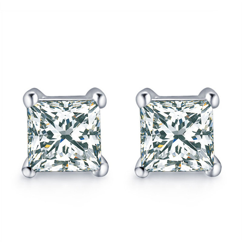 爸爸去哪儿5山鸡陈小春同款方形耳钉925纯银简约公主方钻锆石耳环