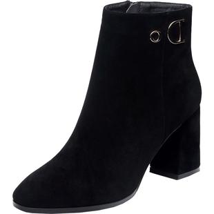 2025新款秋冬季女鞋高跟鞋绒面粗跟短靴时尚磨砂羊皮靴子真皮女靴