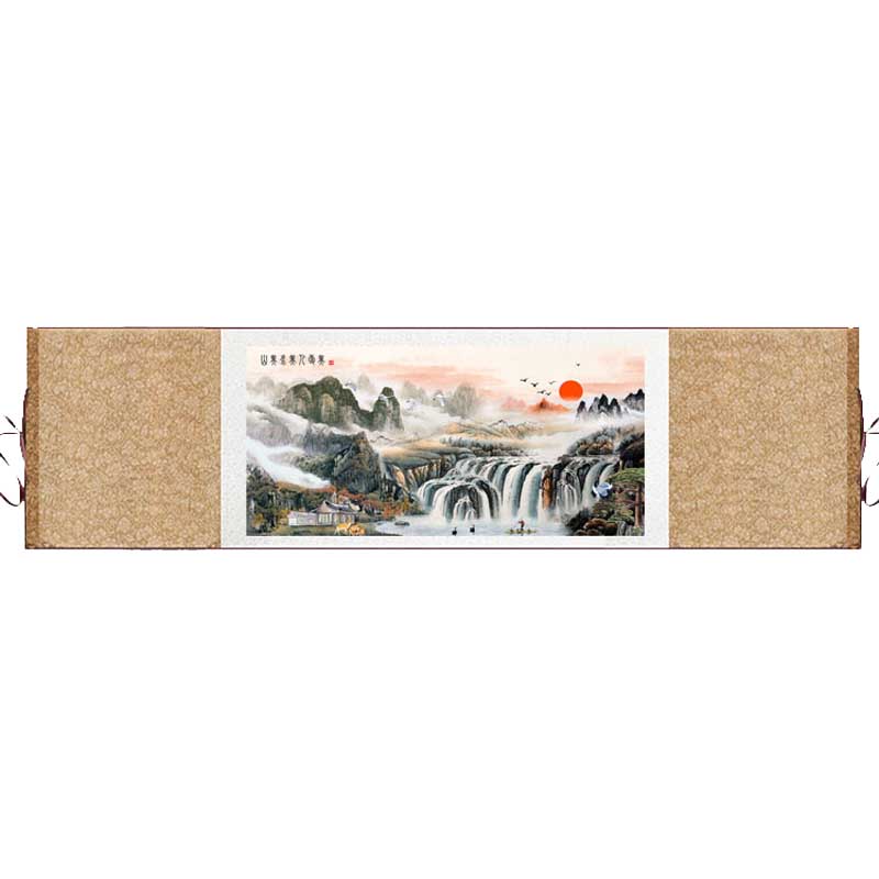 横幅招财山水江山多娇聚宝盆国画茶楼装饰画壁画丝绸卷轴画已装裱