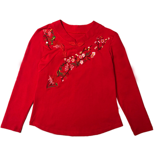 秋季新款中老年广场舞服装上衣长袖T恤大妈民族风舞蹈跳舞衣服女