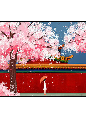 卡通女孩钻石画故宫樱花风景满钻