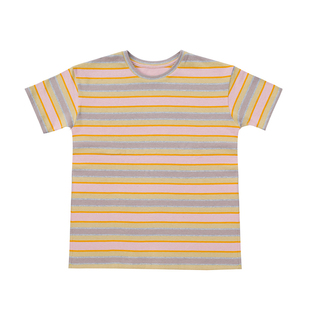 女童T恤夏季新款休闲五分袖纯棉宽松圆领粉黄条纹上衣